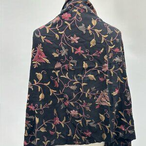 Black Floral Embroidered Scarf Shawl Decor Tapestry with Fringe & Lace Detailing